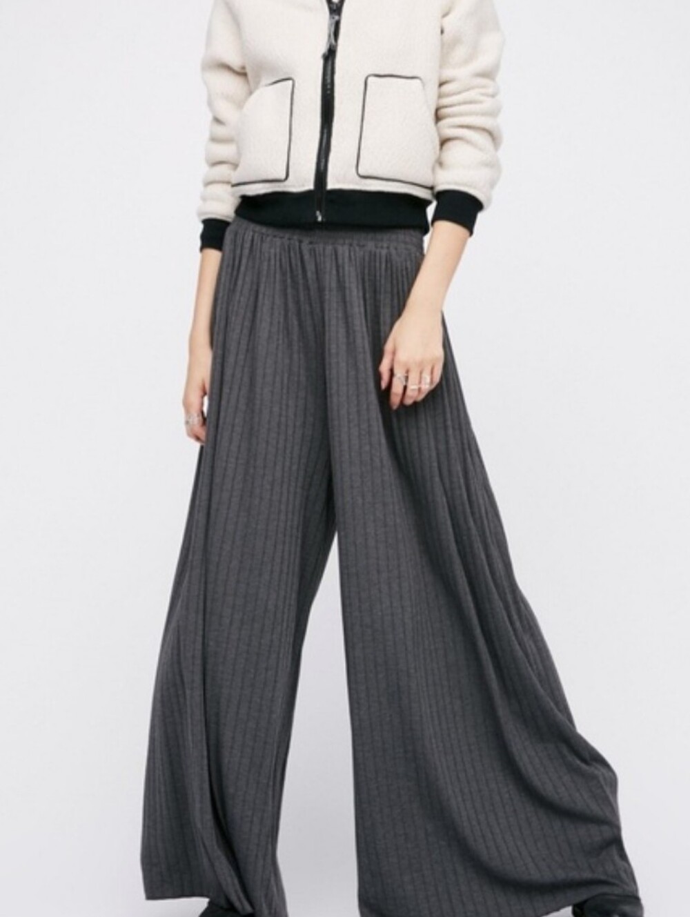 Free People Beach Love Me Wide Leg Palazzo Pants Gray Ribbed Bohemian Size L - Picture 2 of 13